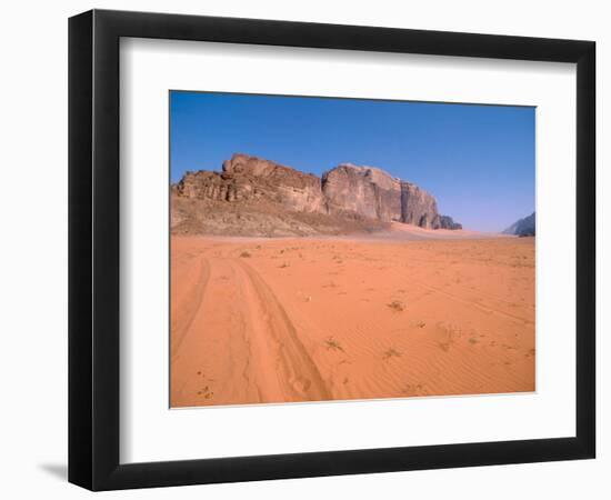Jeep Tracks Across in Desolate Red Desert of Wadi Rum, Jordan-Cindy Miller Hopkins-Framed Photographic Print