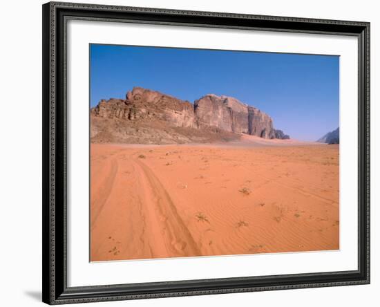 Jeep Tracks Across in Desolate Red Desert of Wadi Rum, Jordan-Cindy Miller Hopkins-Framed Photographic Print