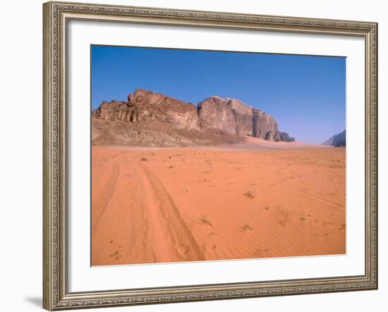 Jeep Tracks Across in Desolate Red Desert of Wadi Rum, Jordan-Cindy Miller Hopkins-Framed Photographic Print