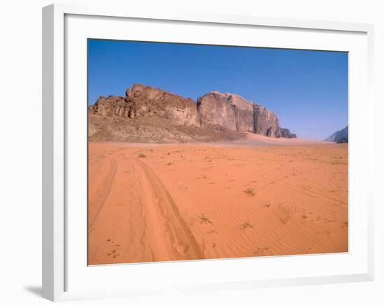 Jeep Tracks Across in Desolate Red Desert of Wadi Rum, Jordan-Cindy Miller Hopkins-Framed Photographic Print