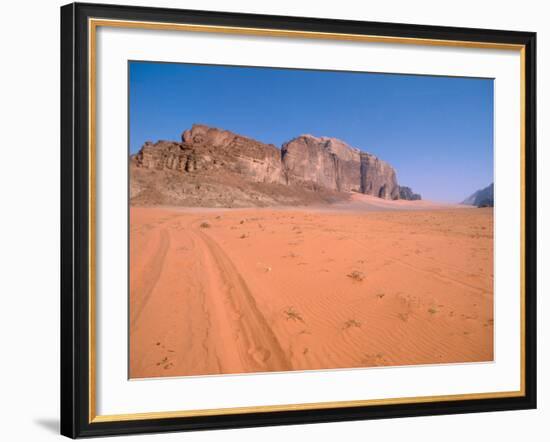 Jeep Tracks Across in Desolate Red Desert of Wadi Rum, Jordan-Cindy Miller Hopkins-Framed Photographic Print