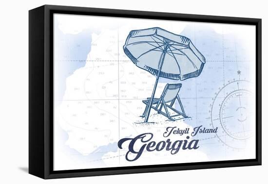 Jekyll Island, Georgia - Beach Chair and Umbrella - Blue - Coastal Icon-Lantern Press-Framed Stretched Canvas