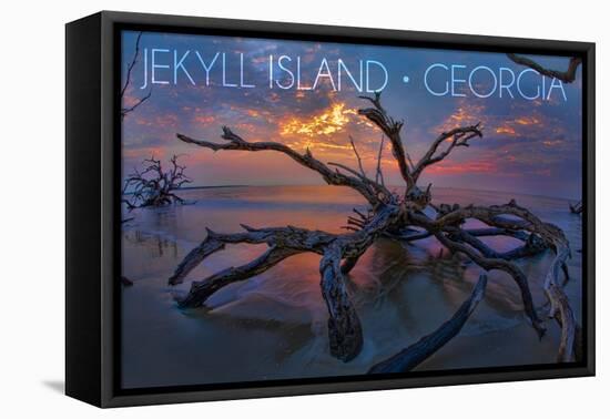 Jekyll Island, Georgia - Driftwood and Sunset-Lantern Press-Framed Stretched Canvas