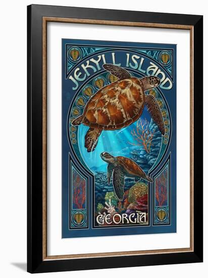 Jekyll Island, Georgia - Sea Turtle Art Nouveau-Lantern Press-Framed Art Print