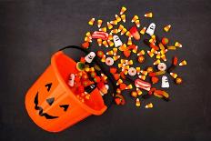 Halloween Jack O Lantern Pail, Top View with Spilling Candy-jenifoto-Photographic Print