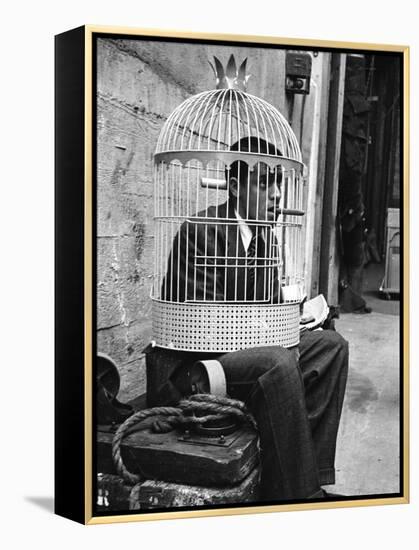 Jerry Lewis Clowning around by Wearing a Birdcage over His Head During Filming of "The Stooge"-Allan Grant-Framed Premier Image Canvas