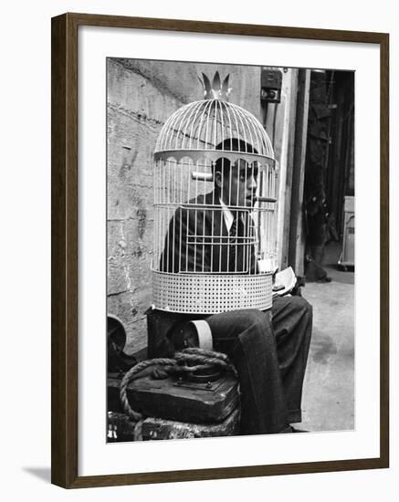 Jerry Lewis Clowning around by Wearing a Birdcage over His Head During Filming of "The Stooge"-Allan Grant-Framed Premium Photographic Print