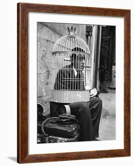 Jerry Lewis Clowning around by Wearing a Birdcage over His Head During Filming of "The Stooge"-Allan Grant-Framed Premium Photographic Print