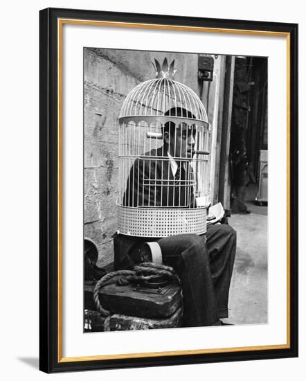 Jerry Lewis Clowning around by Wearing a Birdcage over His Head During Filming of "The Stooge"-Allan Grant-Framed Premium Photographic Print