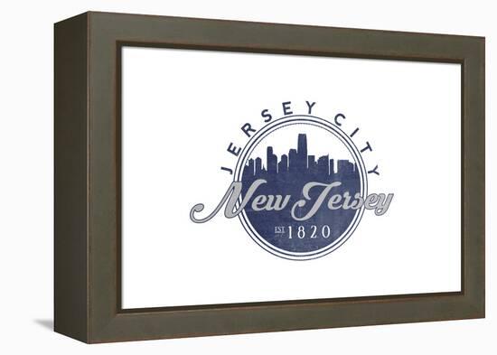 Jersey City, New Jersey - Skyline Seal (Blue)-Lantern Press-Framed Stretched Canvas