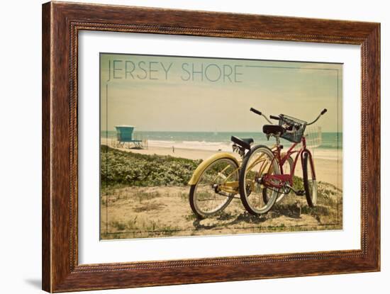 Jersey Shore - Bicycles and Beach Scene-Lantern Press-Framed Art Print