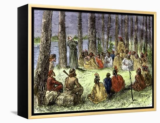 Jesuit Missionary Preaching to Native Americans and Fur Traders in the Wilderness-null-Framed Premier Image Canvas