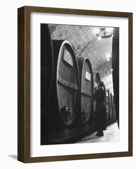 Jesuit Novitiate Winery, Oak Casks of Wine in Underground Tunnel of Winery-Charles E^ Steinheimer-Framed Photographic Print