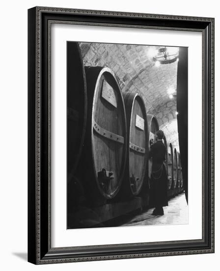 Jesuit Novitiate Winery, Oak Casks of Wine in Underground Tunnel of Winery-Charles E^ Steinheimer-Framed Photographic Print