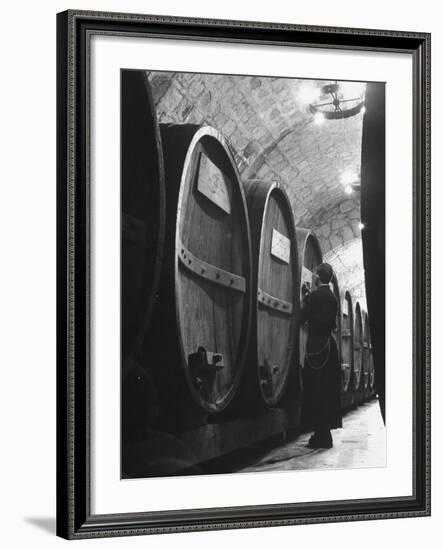 Jesuit Novitiate Winery, Oak Casks of Wine in Underground Tunnel of Winery-Charles E^ Steinheimer-Framed Photographic Print