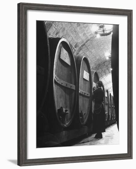 Jesuit Novitiate Winery, Oak Casks of Wine in Underground Tunnel of Winery-Charles E^ Steinheimer-Framed Photographic Print