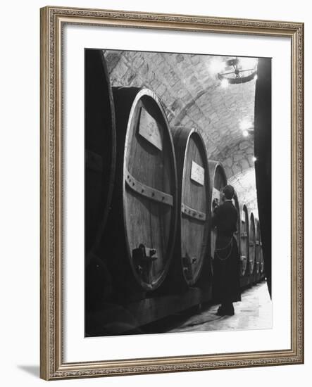 Jesuit Novitiate Winery, Oak Casks of Wine in Underground Tunnel of Winery-Charles E^ Steinheimer-Framed Photographic Print