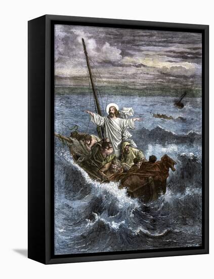 Jesus Calms the Waters Frightening the Apostles aboard a Boat in the Sea of Galilee. Colour Engravi-null-Framed Premier Image Canvas