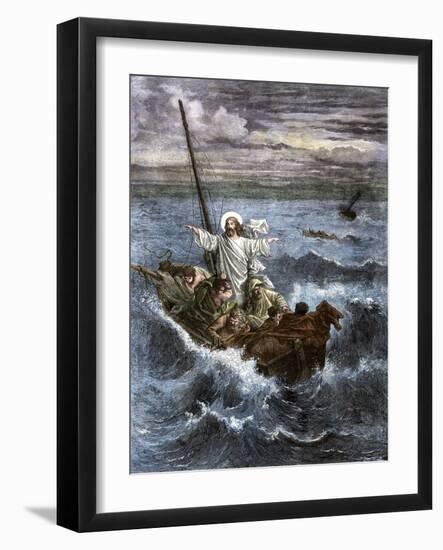 Jesus Calms the Waters Frightening the Apostles aboard a Boat in the Sea of Galilee. Colour Engravi-null-Framed Giclee Print