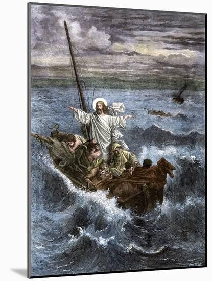 Jesus Calms the Waters Frightening the Apostles aboard a Boat in the Sea of Galilee. Colour Engravi-null-Mounted Giclee Print