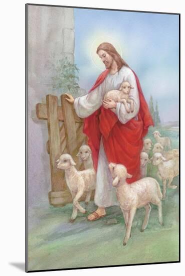 Jesus in a Red Robe with a Herd of Sheep, Shepherd-Christo Monti-Mounted Giclee Print