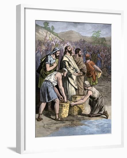 Jesus Multiplying Bread and Fish to Feed the Multitudes Who Came to Hear Him Preach-null-Framed Giclee Print