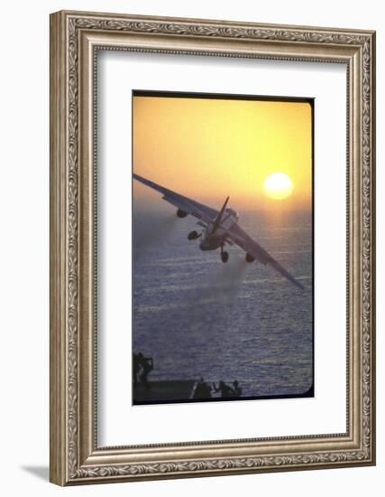 Jet Plane, A4D Skyhawk, Taking Off From USS Independence at Sunrise over Mediterranean Sea-John Dominis-Framed Photographic Print