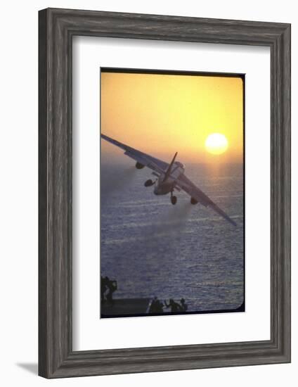 Jet Plane, A4D Skyhawk, Taking Off From USS Independence at Sunrise over Mediterranean Sea-John Dominis-Framed Photographic Print