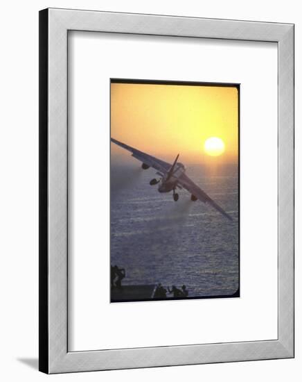 Jet Plane, A4D Skyhawk, Taking Off From USS Independence at Sunrise over Mediterranean Sea-John Dominis-Framed Photographic Print