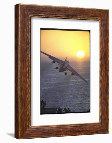 Jet Plane, A4D Skyhawk, Taking Off From USS Independence at Sunrise over Mediterranean Sea-John Dominis-Framed Photographic Print