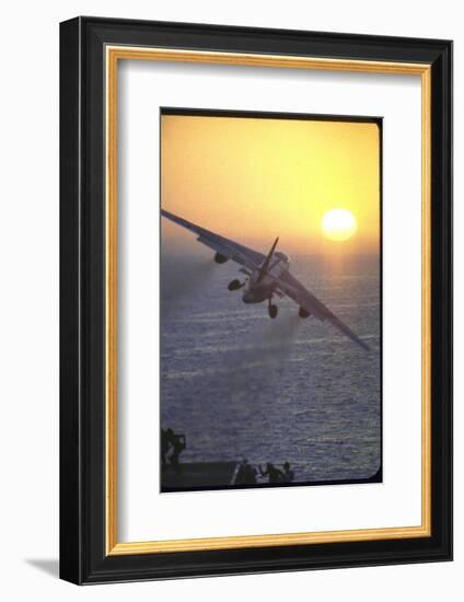 Jet Plane, A4D Skyhawk, Taking Off From USS Independence at Sunrise over Mediterranean Sea-John Dominis-Framed Photographic Print