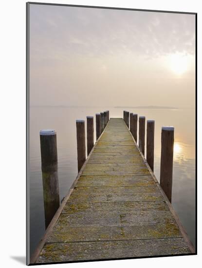 Jetty at sunrise with morning haze, Schweriner Innensee, Schwerin, Western Pomerania, Germany-Raimund Linke-Mounted Photographic Print