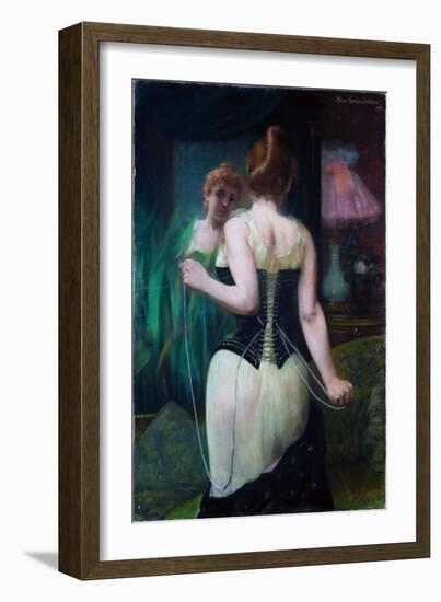 Jeune Femme Ajustant Son Corset - Young Woman Adjusting Her Corset - Peeinture De Pierre Carrier Be-Pierre Carrier-belleuse-Framed Giclee Print