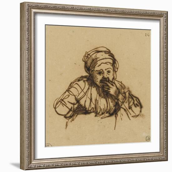 Jeune femme assise, la main gauche portée à la bouche vue à mi-corps-Rembrandt van Rijn-Framed Giclee Print