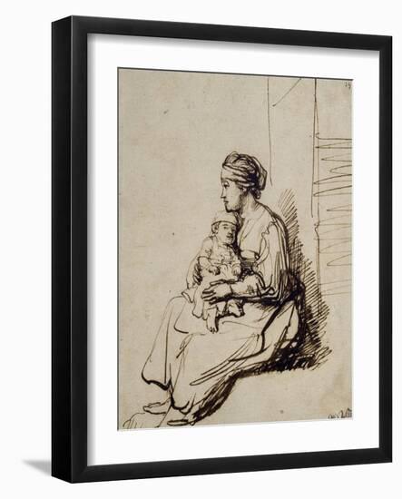 Jeune femme assise tenant son enfant sur ses genoux-Rembrandt van Rijn-Framed Giclee Print