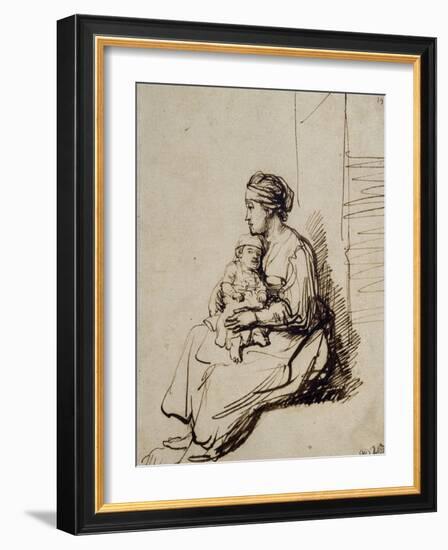 Jeune femme assise tenant son enfant sur ses genoux-Rembrandt van Rijn-Framed Giclee Print