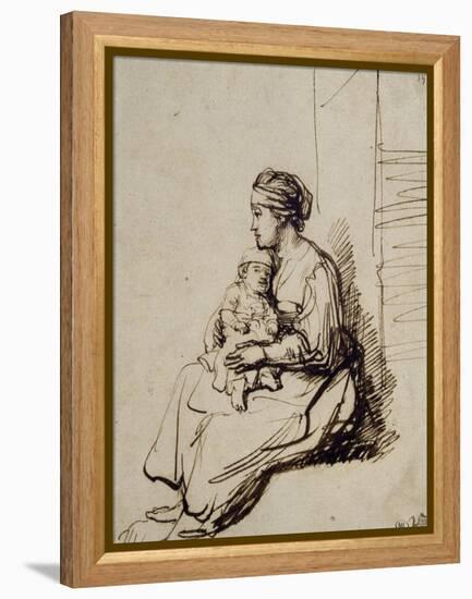 Jeune femme assise tenant son enfant sur ses genoux-Rembrandt van Rijn-Framed Premier Image Canvas