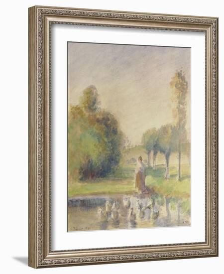 Jeune femme, dans une prairie, au bord d'une mare-Camille Pissarro-Framed Giclee Print