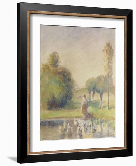 Jeune femme, dans une prairie, au bord d'une mare-Camille Pissarro-Framed Giclee Print