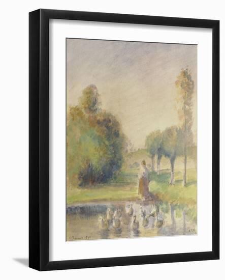 Jeune femme, dans une prairie, au bord d'une mare-Camille Pissarro-Framed Giclee Print