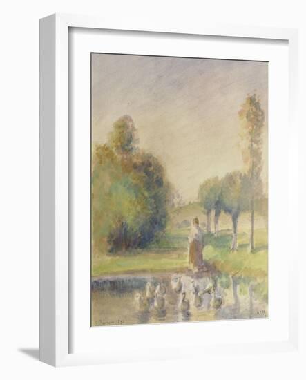 Jeune femme, dans une prairie, au bord d'une mare-Camille Pissarro-Framed Giclee Print