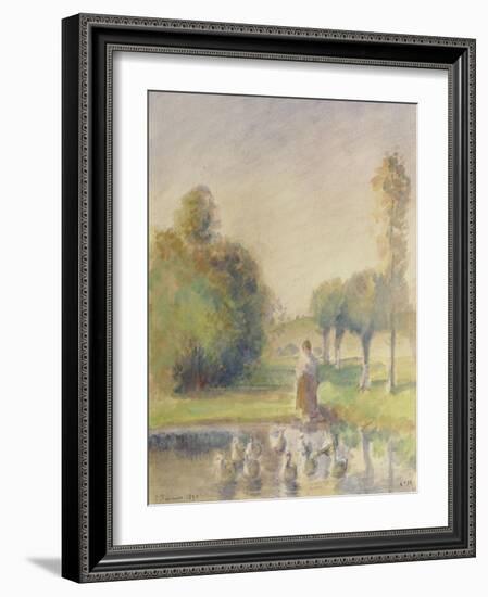 Jeune femme, dans une prairie, au bord d'une mare-Camille Pissarro-Framed Giclee Print