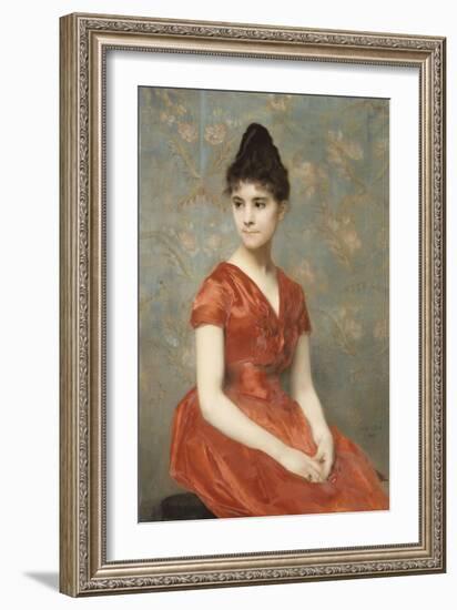 Jeune fille en robe rouge sur fond de fleurs-Emile Levy-Framed Giclee Print