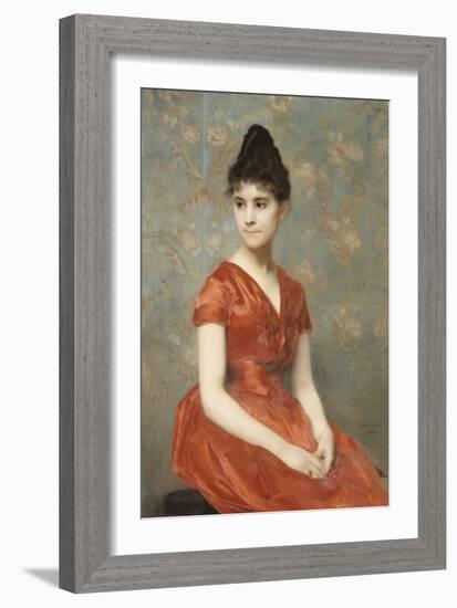 Jeune fille en robe rouge sur fond de fleurs-Emile Levy-Framed Giclee Print