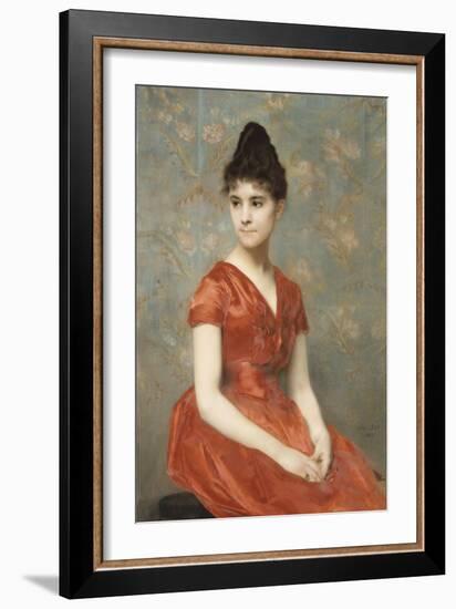 Jeune fille en robe rouge sur fond de fleurs-Emile Levy-Framed Giclee Print