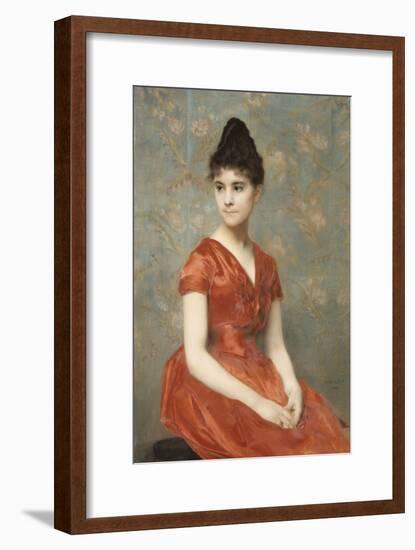 Jeune fille en robe rouge sur fond de fleurs-Emile Levy-Framed Giclee Print