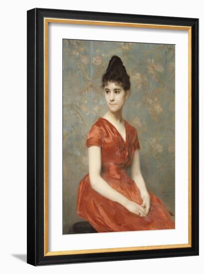 Jeune fille en robe rouge sur fond de fleurs-Emile Levy-Framed Giclee Print