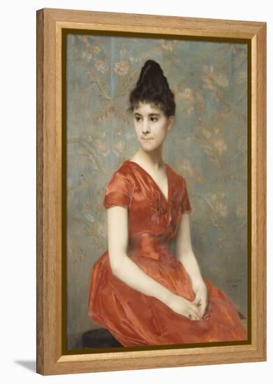 Jeune fille en robe rouge sur fond de fleurs-Emile Levy-Framed Premier Image Canvas