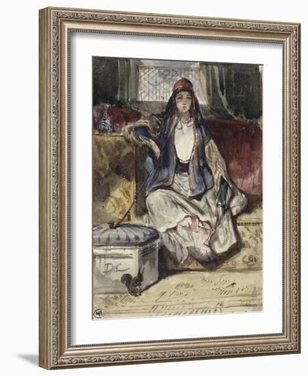 Jeune orientale assise sur un divan fumant dans un intérieur avec un écureil-Alexandre Gabriel Decamps-Framed Giclee Print