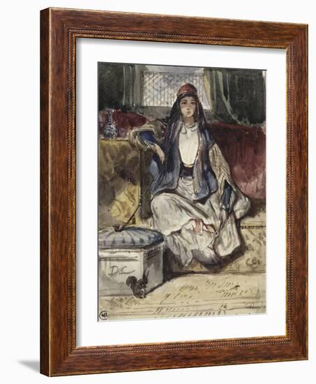 Jeune orientale assise sur un divan fumant dans un intérieur avec un écureil-Alexandre Gabriel Decamps-Framed Giclee Print